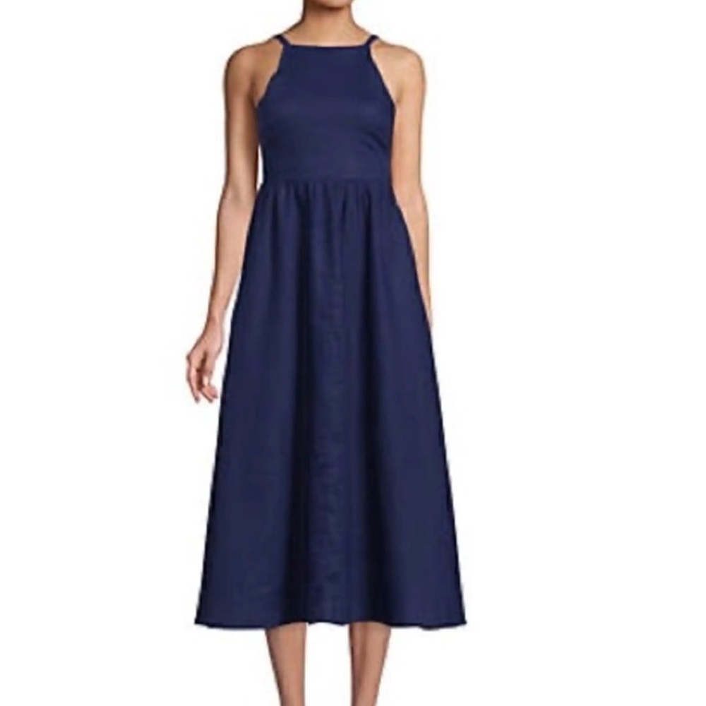 Elegant Navy Blue Linen Sleeveless Dress